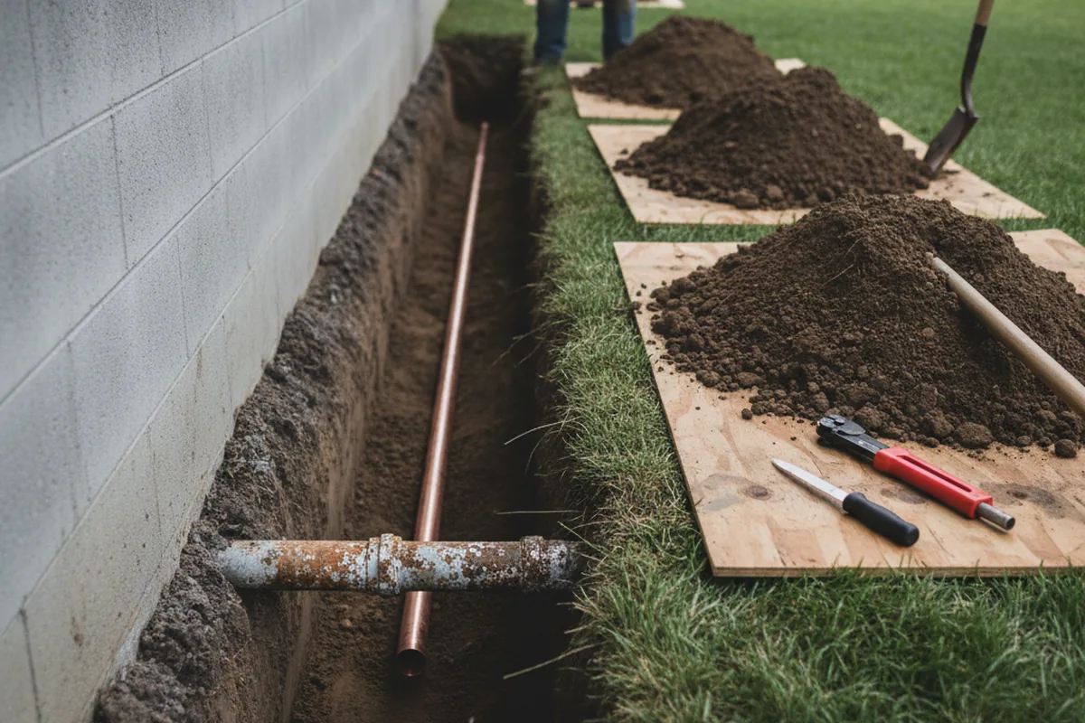 Excavated water line trench during Water Softener Installation in Corvallis